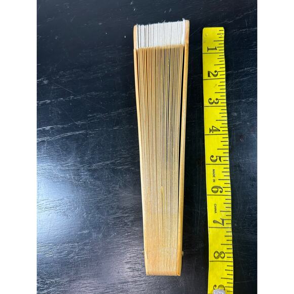 Wooden Light Tan- vintage hand fan white fabric detail- 16 inches extended - Picture 5 of 5